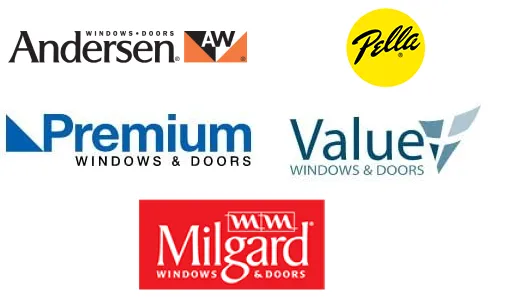 vinyl-prov Logos of five window and door brands: Andersen, Pella, Premium, Value, and Milgard.